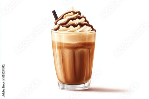 Delicious coffee dessert with whipped cream and chocolate drizzle in a glass, isolated on white background.