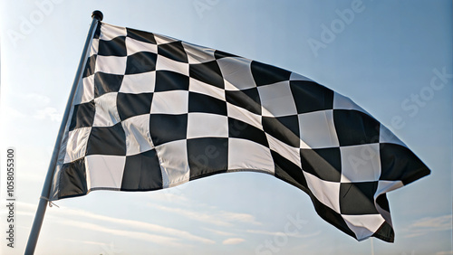Black and white checkered racing flag waving in the wind against a clear blue sky