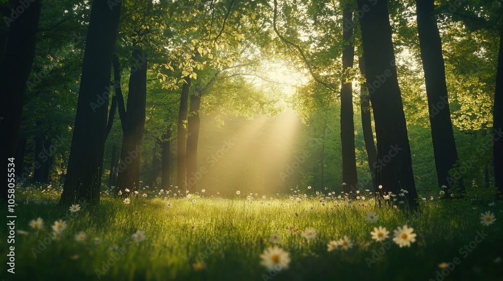 Naklejka premium A serene forest scene with sunlight shining through trees and wildflowers in the foreground.