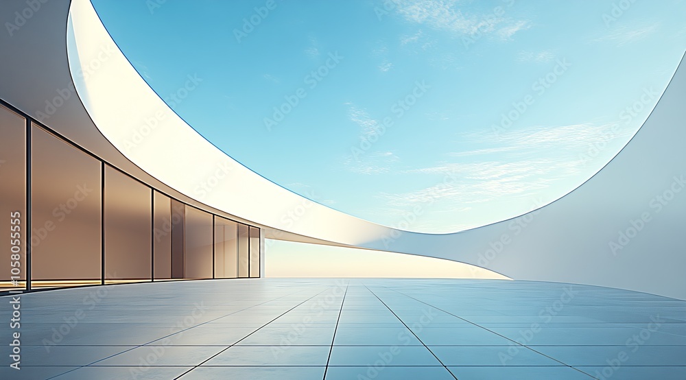 Modern Architectural Design featuring Curved Open Spaces and Sky Blue Backdrop : Generative AI Modern Architectural Design featuring Curved Open Spaces and Sky Blue Backdrop : Generative AI