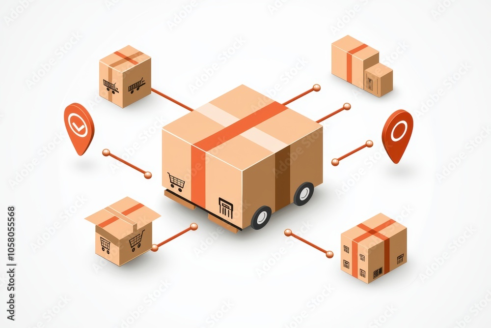 Delivery concept with boxes and location markers, on a white isolated background. Delivery concept with boxes and location markers, on a white isolated background.