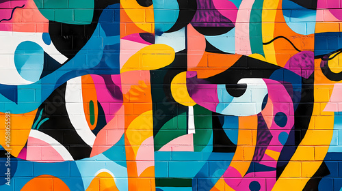 Vibrant street art mural with colorful graffiti showcasing abstract shapes and designs on a brick wall, representing urban creativity and culture. Graffiti Murals. Illustration