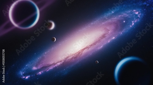 A breathtaking collection of planets and moons orbits a luminous galaxy filled with ethereal colors, showcasing the beauty of deep space. The scene captures the grandeur of the universe at night