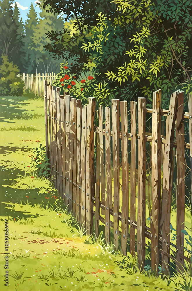 Rustic wooden fence in a sunny field surrounded by trees, evoking a peaceful countryside scene. Rustic wooden fence in a sunny field surrounded by trees, evoking a peaceful countryside scene.