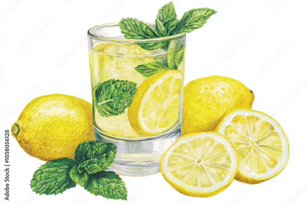 Fresh lemonade with mint leaves, whole and sliced lemons, refreshing drink on a white isolated background.