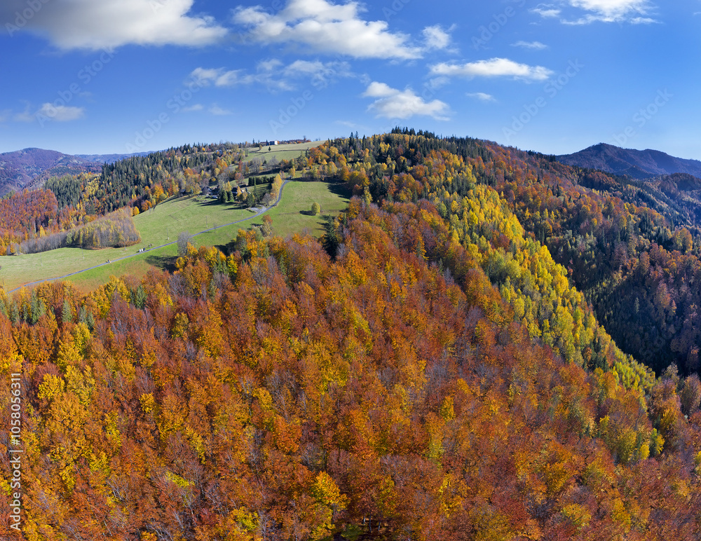 Colorful autumn forests in the mountains - Silesian or Tesin Beskydy, northeastern Czech Republic, Moravia