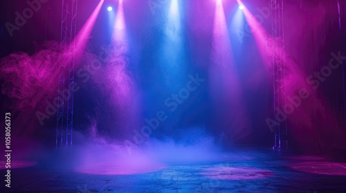 Dark stage with blue and purple background, empty scene, laser beams, neon lights, spotlights on asphalt floor, studio with smoke for product display.