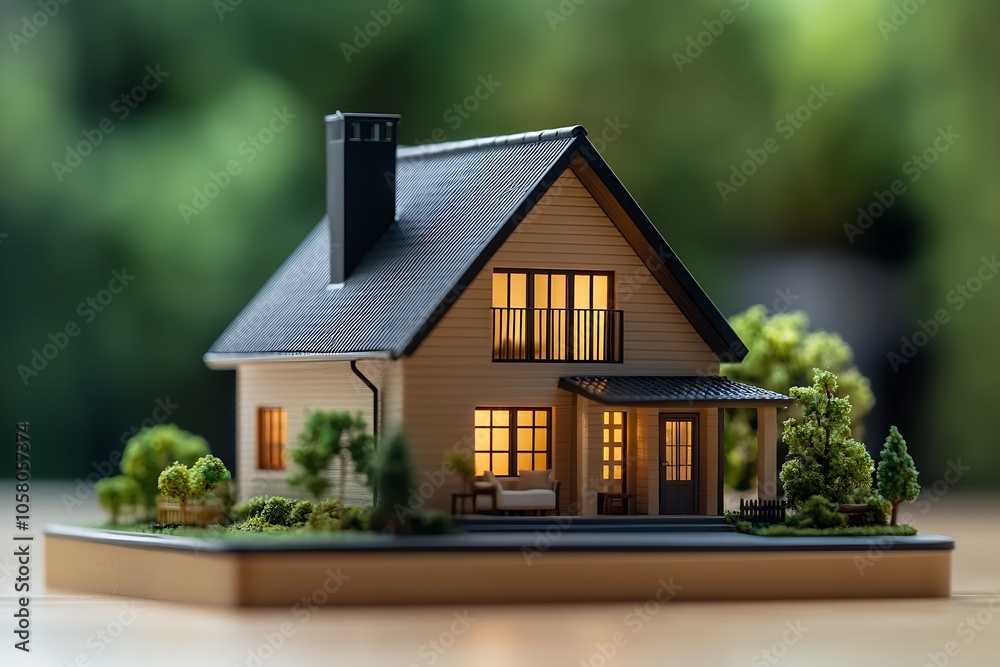 Quaint Miniature House Model with Inviting Lighting and Serene Green Surroundings : Generative AI Quaint Miniature House Model with Inviting Lighting and Serene Green Surroundings : Generative AI