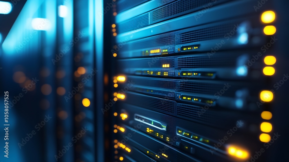 Modern Data Center Server Rack with Illuminated LED Lights for High Tech Industry : Generative AI