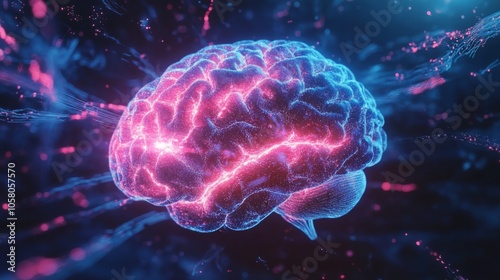 A vivid illustration of a human brain in pink and blue, featuring complex neural connections against a dark background, emphasizing cognitive activity and thought processes.