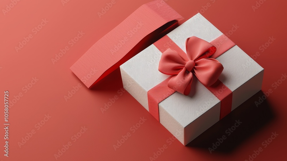 Minimal red and white gift box, open, elegant ribbon bow, isolated on red background with soft shadow, sleek and simple, 3D style Minimal red and white gift box, open, elegant ribbon bow, isolated on red background with soft shadow, sleek and simple, 3D style