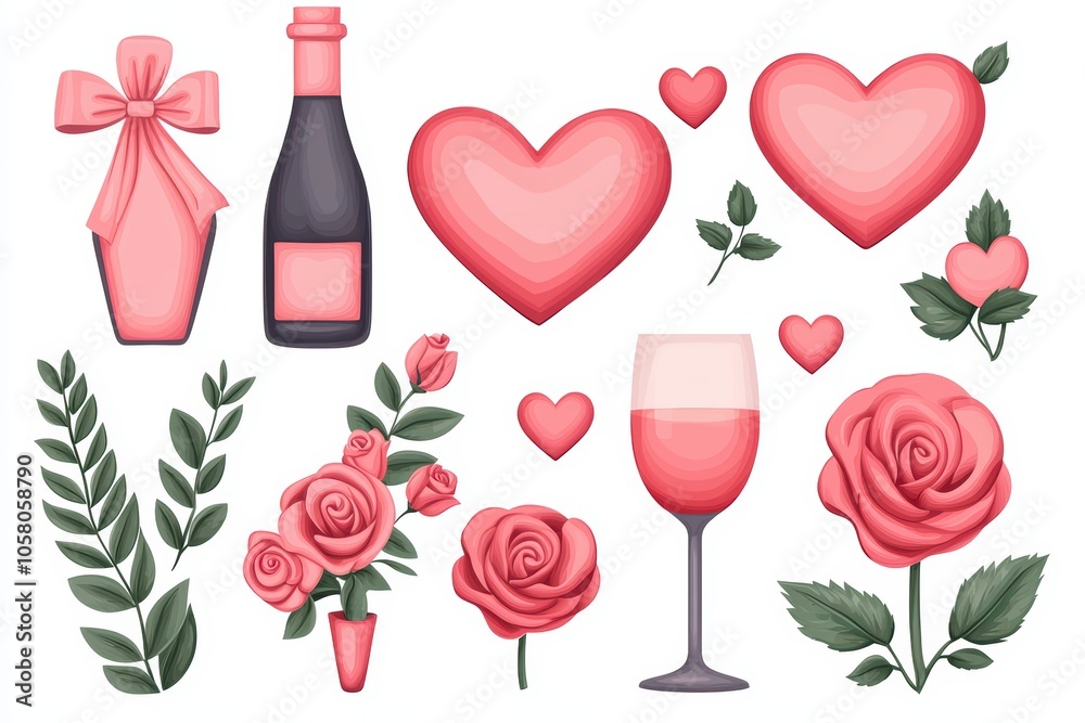 Valentine's Day elements with hearts, roses, wine, and gifts on white background. Valentine's Day elements with hearts, roses, wine, and gifts on white background.