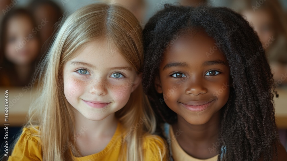 Two smiling girls close-up, diverse friendship, young children, happy kids, diverse friends, childhood happiness, friendship bond, smiles, youth, innocence, diverse cultures, cheerful