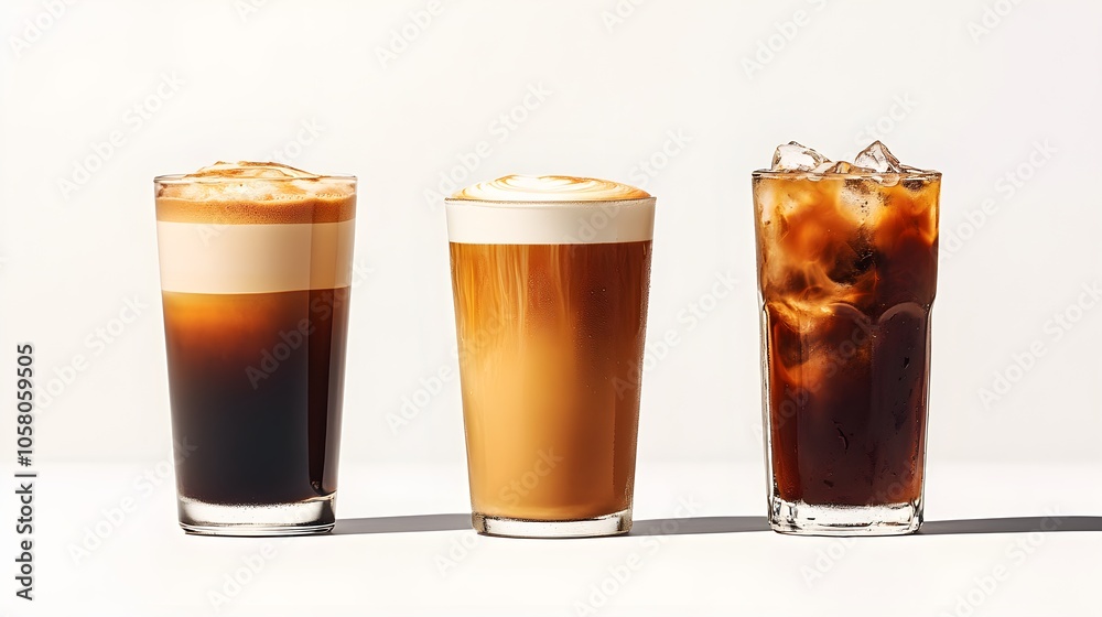 Different styles of coffee, artfully presented on a crisp white background, featuring flat whites, americanos, and iced coffee, perfect for product marketing Different styles of coffee, artfully presented on a crisp white background, featuring flat whites, americanos, and iced coffee, perfect for product marketing