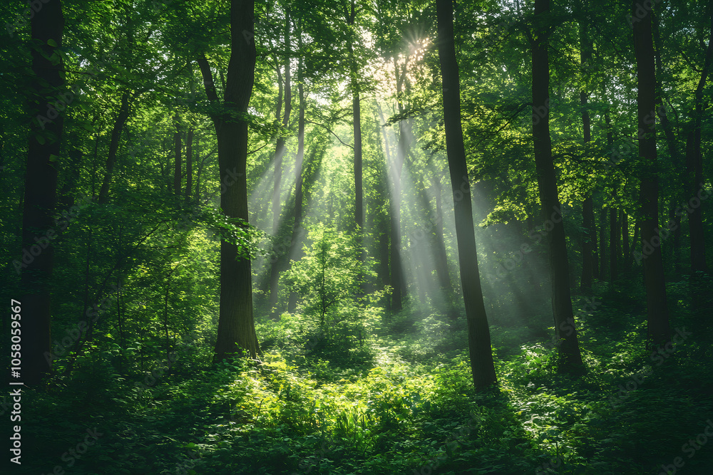Obraz premium Sunlight Streaming Through Lush Forest Canopy