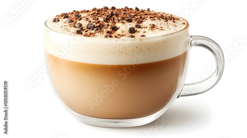 Cappuccino in a clear glass mug, detailed milk froth texture, sprinkled with cocoa, isolated on white, artisanal coffee theme