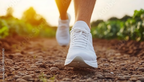 Closeup of a runner's feet in white sneakers on a dirt path, with the sun shining in the background. photo