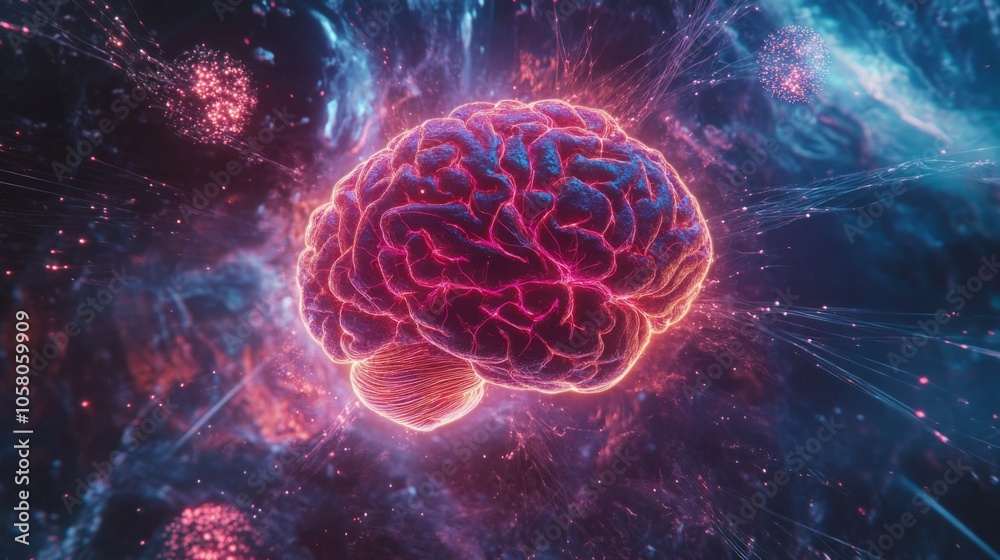 A vibrant artistic depiction of a human brain, surrounded by glowing neural connections and cosmic elements, captures the mesmerizing complexity of thought and consciousness.