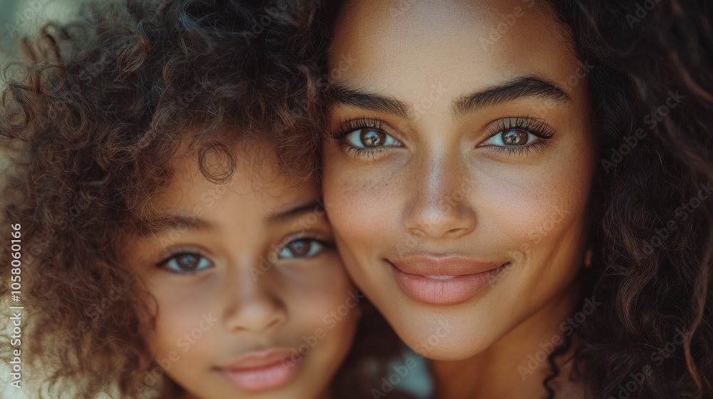 Mother and young daughter, close-up, smiling warmly, family bond, beautiful natural curls, joy and connection, motherly love, affectionate moment, parenting in natural light