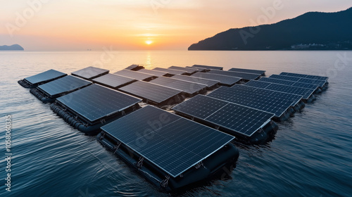 Array of floating solar panels on water with sunset and mountainous coastline in the background, representing renewable energy and sustainable technology. photo