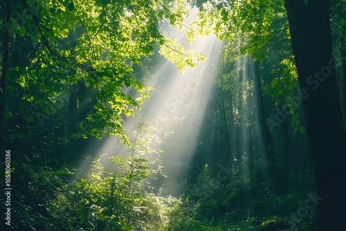 Sunlight Streaming Through Lush Forest Canopy