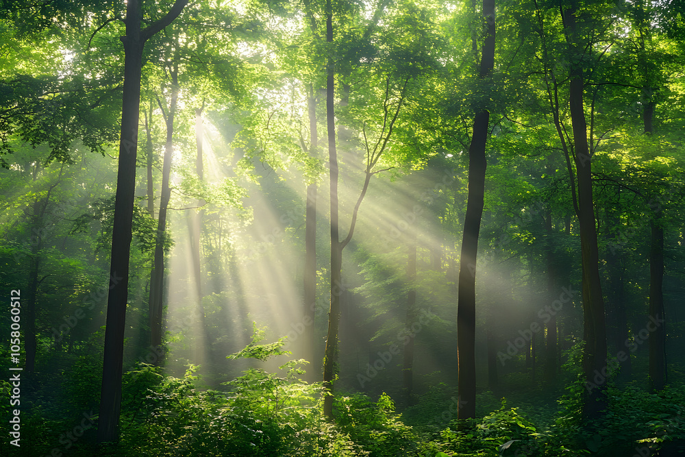 Naklejka premium Sunlight Streaming Through Lush Forest Canopy