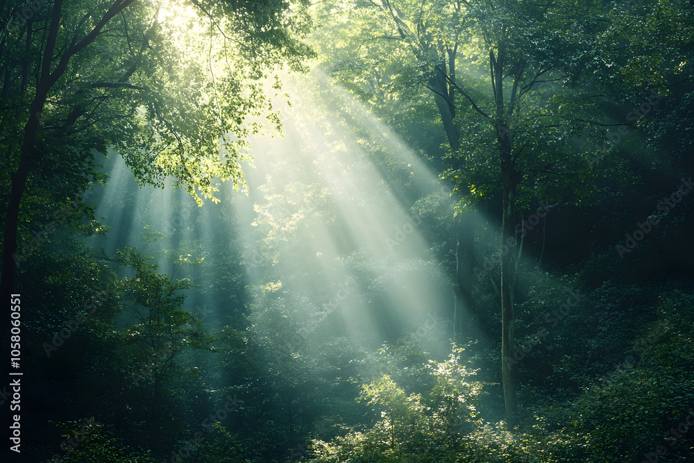 Fototapeta premium Sunlight Streaming Through Lush Forest Canopy