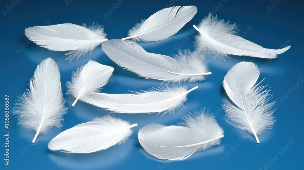 Soft white feathers drift peacefully in a clear blue sky, creating a tranquil atmosphere filled with ethereal beauty and charm Soft white feathers drift peacefully in a clear blue sky, creating a tranquil atmosphere filled with ethereal beauty and charm