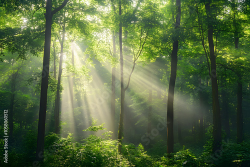 Sunlight Streaming Through Lush Forest Canopy