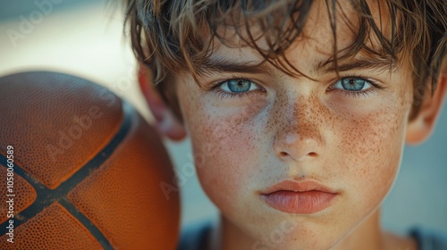 Portrait of teenage boy with basketball outdoors, natural light, focused expression, freckles, youth, aspiring athlete, sunlit face, determined, sporty, active lifestyle, athletic inspiration photo