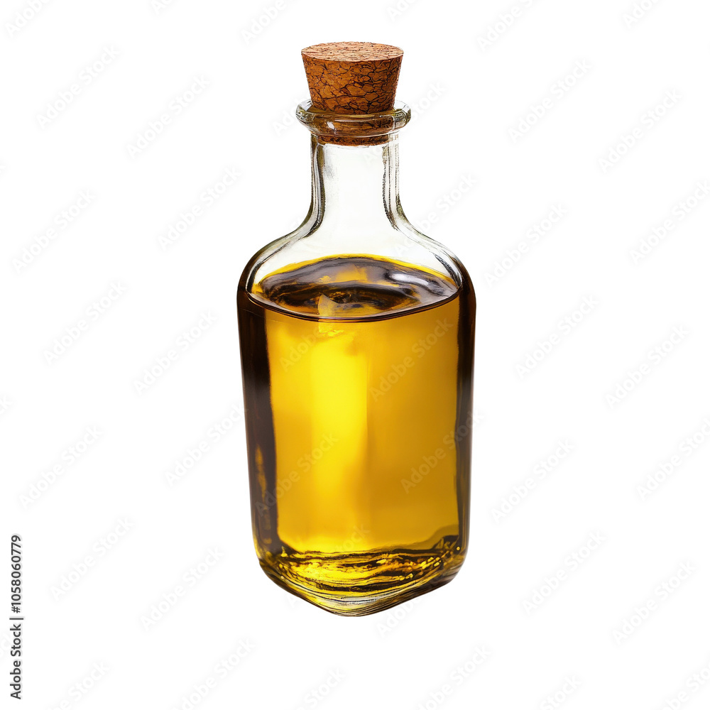 Glass bottle with cork filled with golden oil, white isolate background Glass bottle with cork filled with golden oil, white isolate background