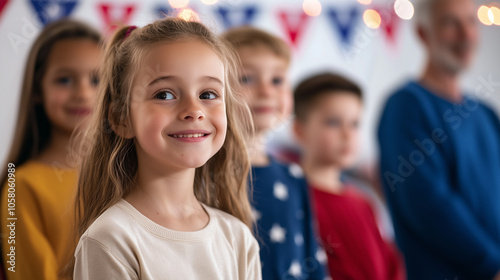 Young Family at Voting Booths with Soft Bokeh Effect