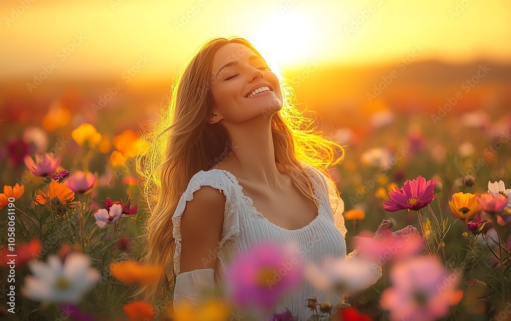 Joyful woman in a picturesque field of flowers during sunset, symbolizing a healthy lifestyle and harmony with nature, perfect for allergy awareness and education Joyful woman in a picturesque field of flowers during sunset, symbolizing a healthy lifestyle and harmony with nature, perfect for allergy awareness and education