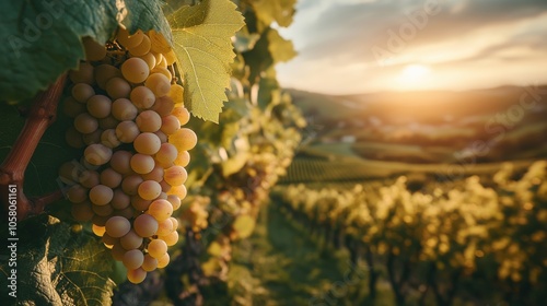 A close-up of ripe grapes in a vineyard during sunset, with lush green vines in the background.