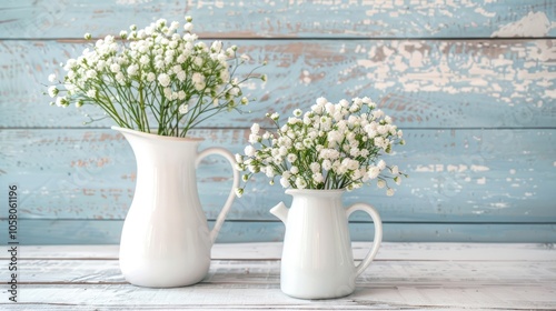 White jug and vase with small white flowers on vintage wall background in home interior.