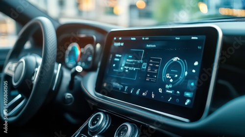 Modern car interior with a large digital touchscreen display.
