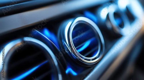 Close-up of a car's air vent with blue light reflecting off the metal.