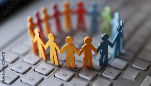 Top view of a circle of paper human figures standing together on a laptop keyboard, symbolizing online community, unity, and connection in a digitally inspired theme photo