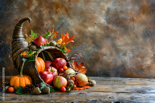 Vibrant cornucopia filled with autumn produce, acorns, and fall leaves on rustic table for cozy seasonal decor photo