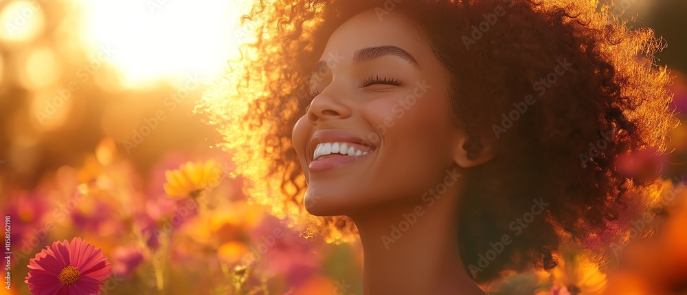 Woman laughing amidst a colorful array of summer flowers, with warm sunset tones, representing the joy of nature and healthy living, ideal for allergyrelated promotions Woman laughing amidst a colorful array of summer flowers, with warm sunset tones, representing the joy of nature and healthy living, ideal for allergyrelated promotions