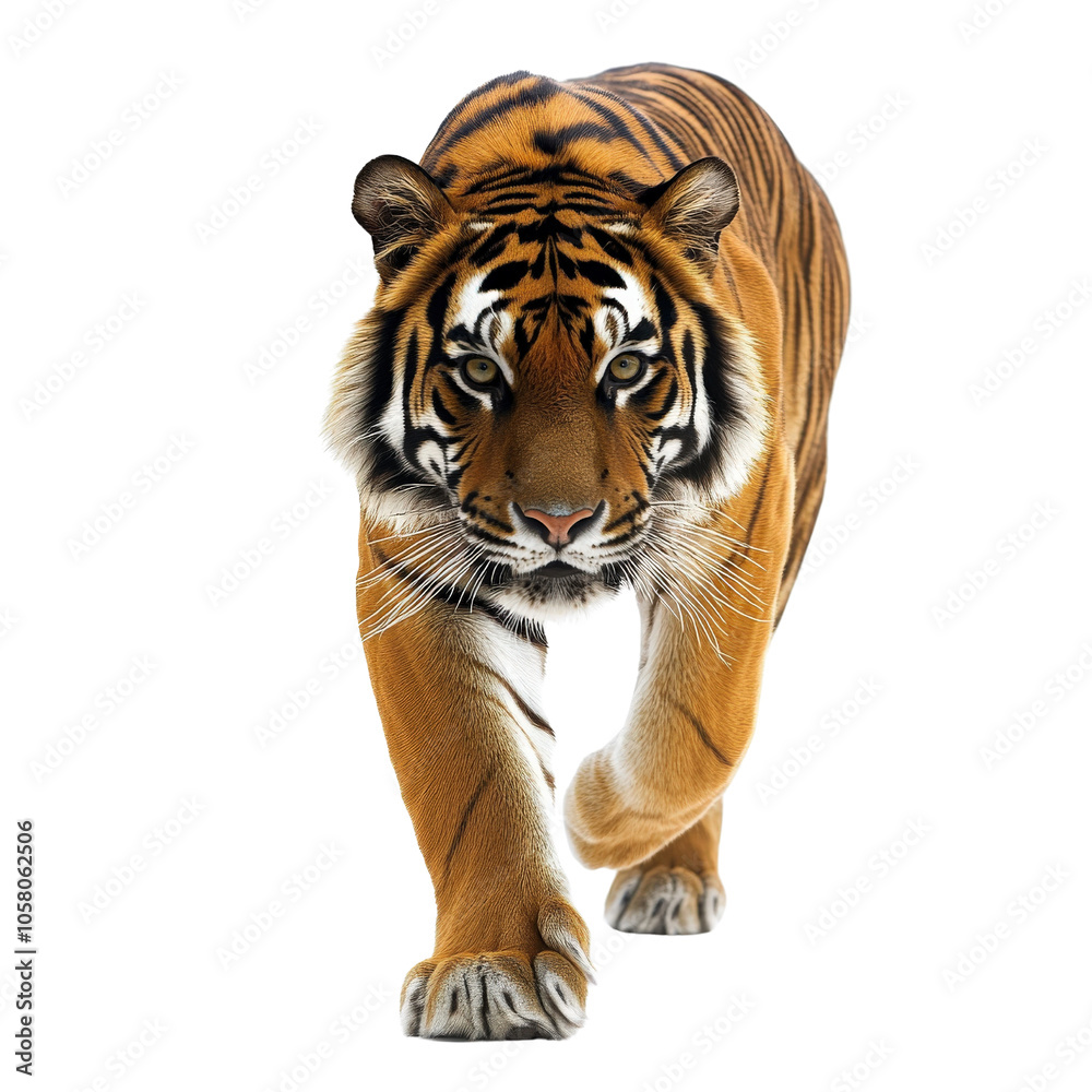 Fototapeta premium Tiger walking with intensity, white isolated background