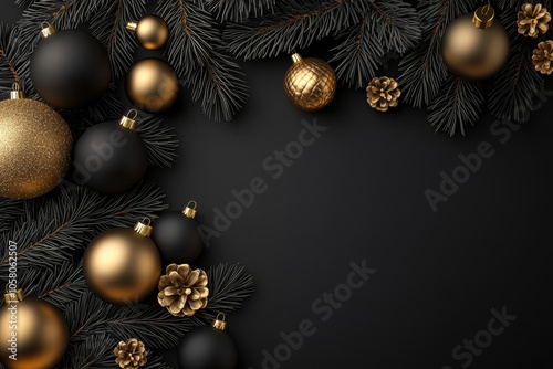 Black and gold ornaments and pine branches are arranged artistically against a dark background, creating a festive holiday atmosphere.