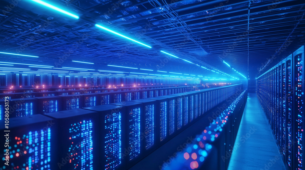 Futuristic Data Center with Rows of Glowing Servers and Cables Stock ...