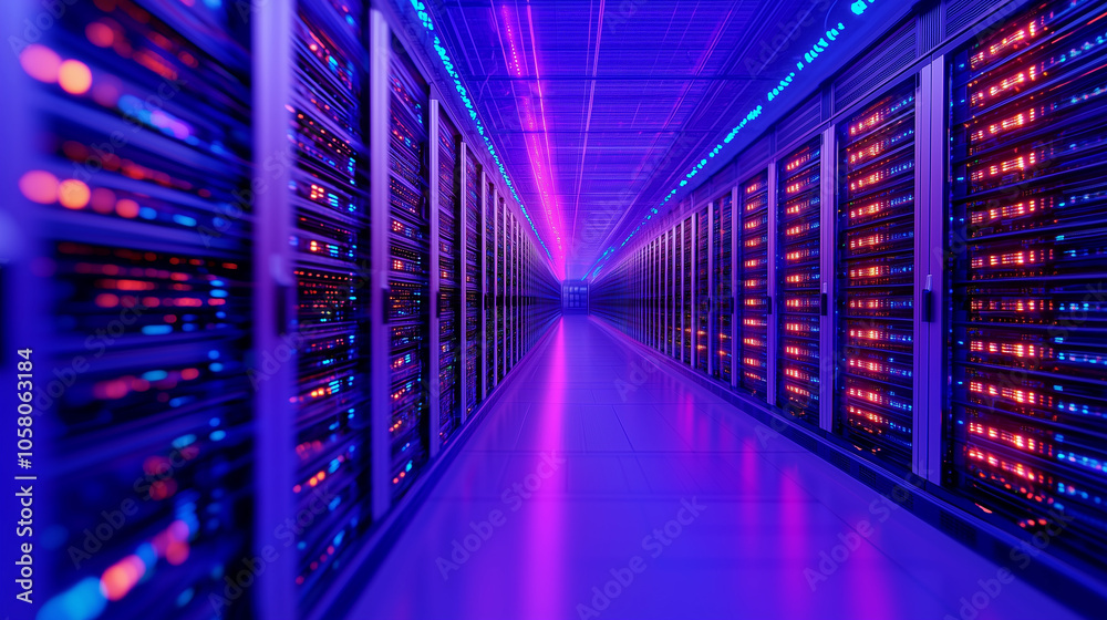 Server Rack in Data Center with Active Processing Lights