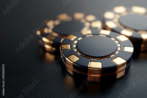 Luxurious casino poker chips with gold accents on black surface, symbolizing wealth and high-stakes gaming allure. photo