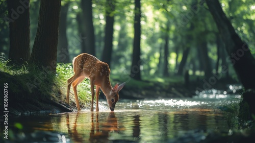 A young deer with spots drinking water from a stream in a lush green forest.