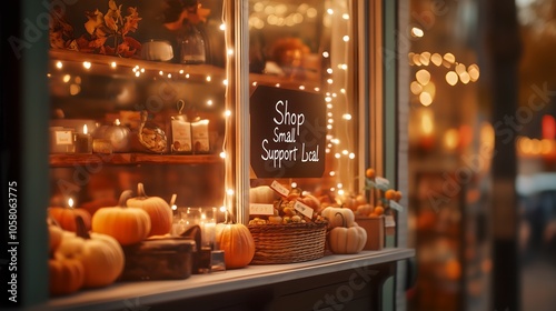 Charming Local Shop Window Display with Pumpkins, Autumn Decorations, and Shop Small Sign Image photo