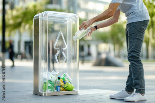 Mann entsorgt eine Flasche – Zukunftsorientierte Recyclingstation für Plastikmüll im urbanen Umfeld photo
