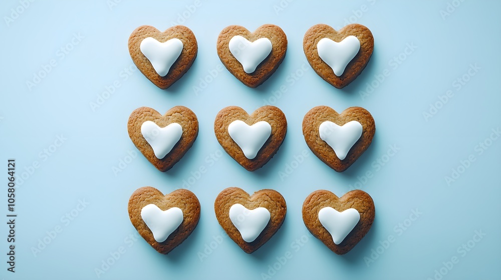 Obraz premium Gingerbread cookies shaped like hearts with white icing, arranged neatly on a pale blue pastel background, soft focus, modern minimalism, digital art style