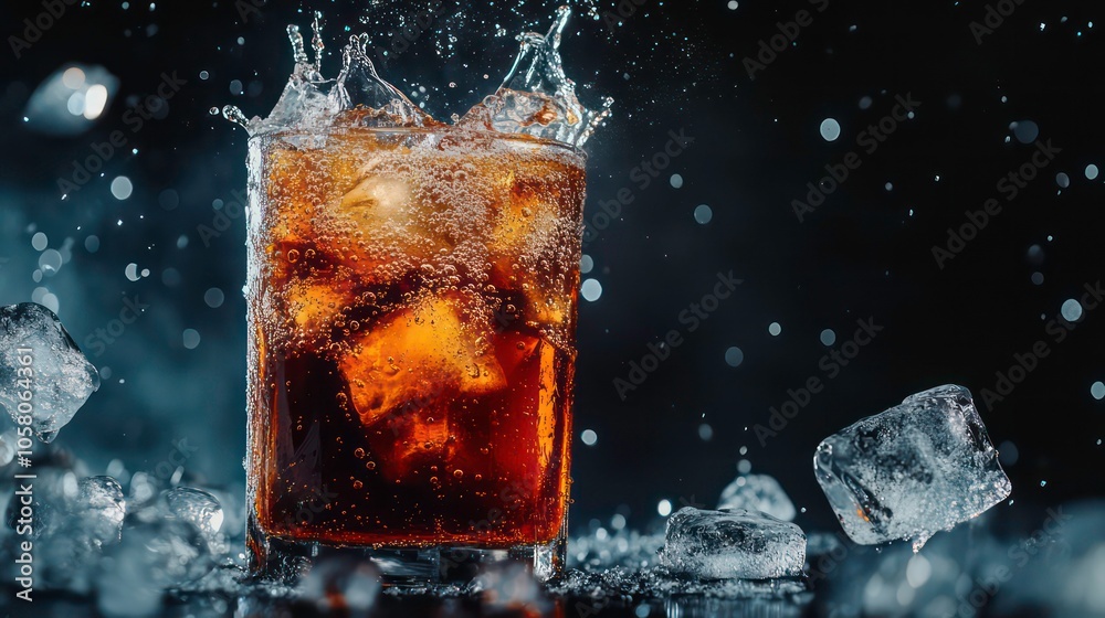 A glass of cola with ice cubes splashing on a black background.